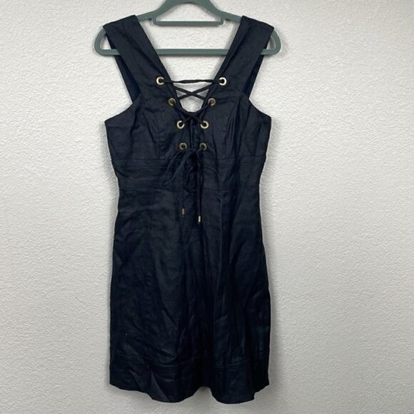 J Crew Linen Lace Up Tie Black Mini Dress Sleeveless V Neck LBD Sz 4 - Picture 1 of 12